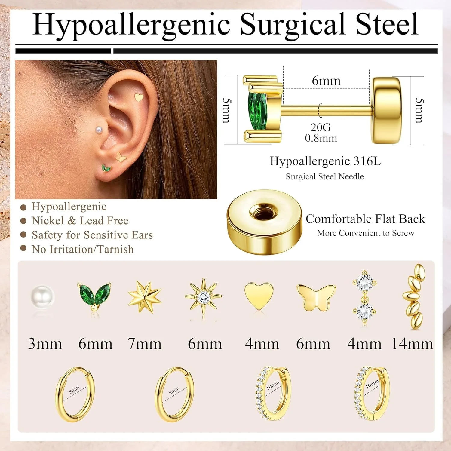 Bobisty 10Pairs Surgical Steel Earrings Cartilage Hoop for Sensitive Ears Women Trendy Flat Back Studs Stacks Tragus Piercing