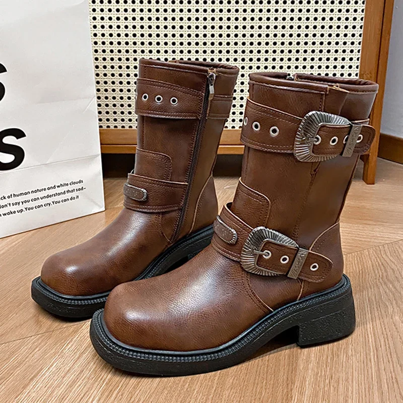 Platform Combat Boots Zip Chuny Heel Buckle Vintage Fashion Casual Luxury Designer Western Mid Calf Boots Shoes Woman image 2