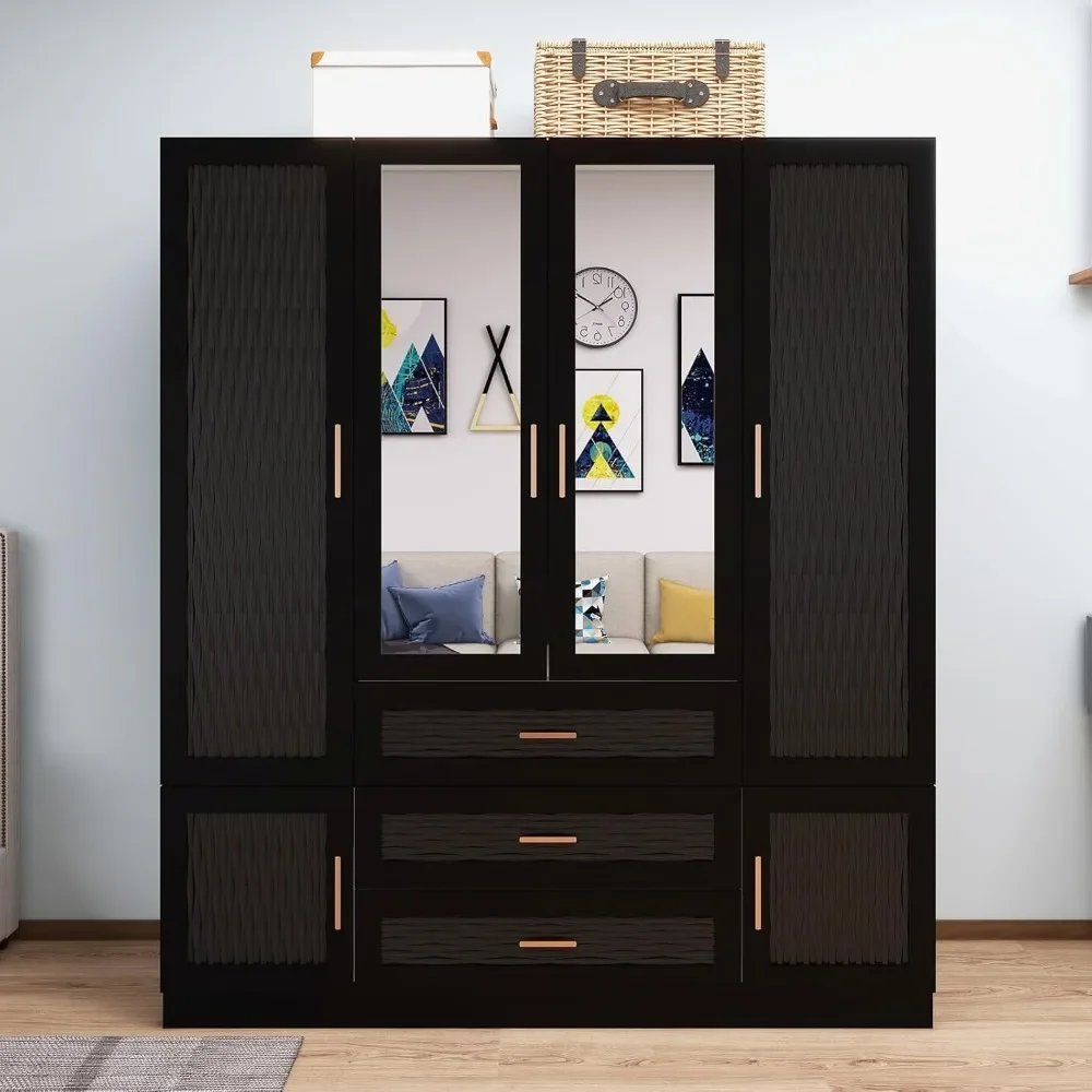 

Black Wooden Armoire Wardrobe Closet with 4 Doors, Hanging Rods, 3 Drawers, 2 Mirror & Shelves 2 Large Clothes Cabinet