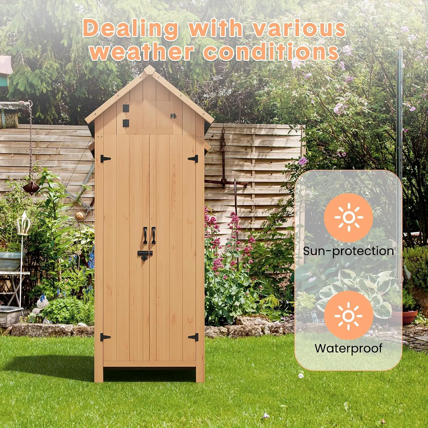 Wooden Outdoor Storage Cabinet Outside Tool Organizer Robust wooden panel build,functional double‑door entry,multi‑tier adjustable inner shelves for Backyard Balcony