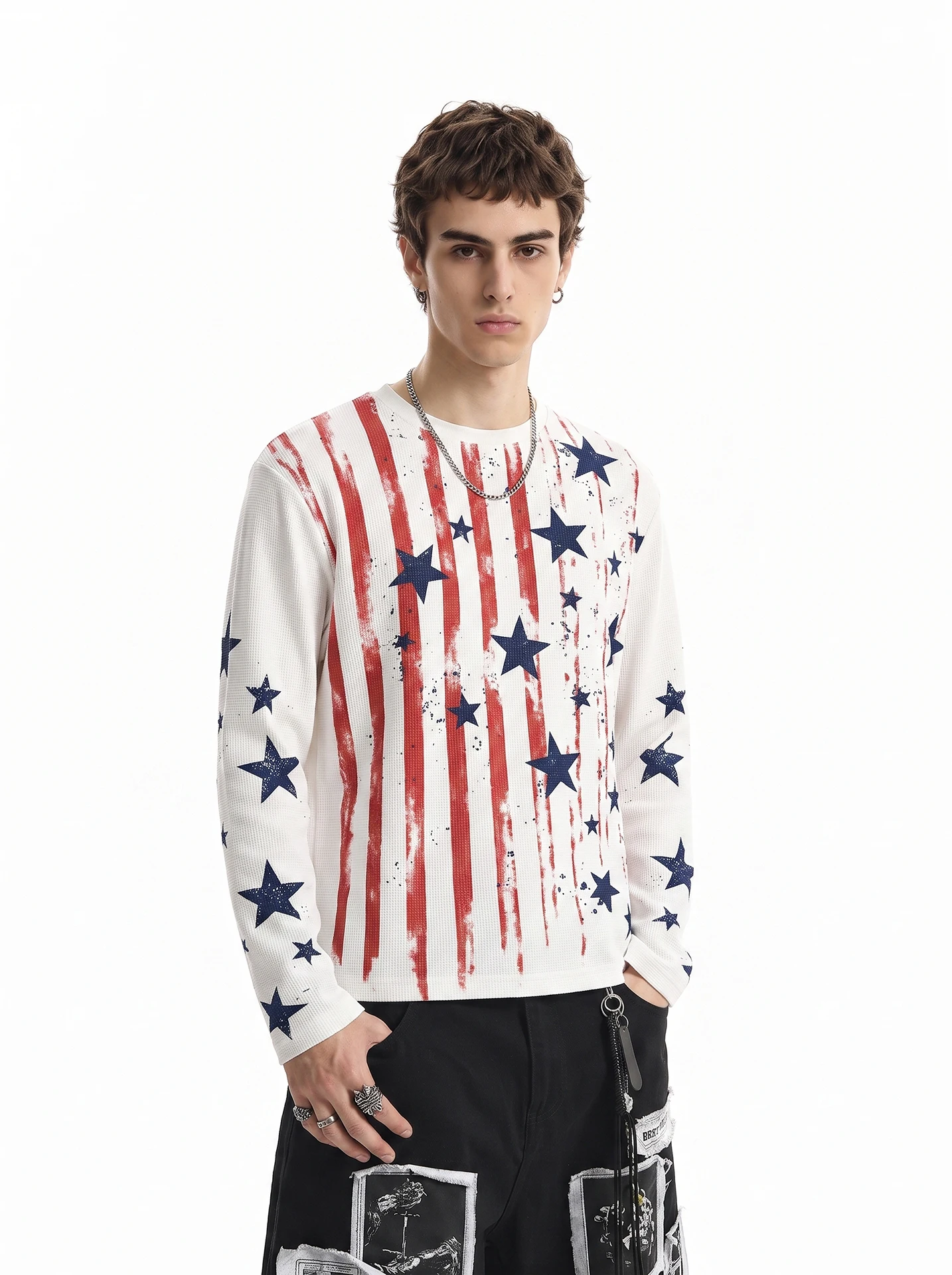 BETEBULE American High Street Star Stripe Print Long Sleeve T-Shirt Men's Autumn Subculture Wafer Short Wide Top