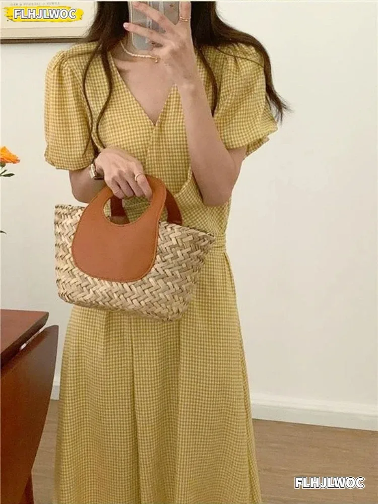 Plaid Dresses Summer Women Korean Japan Preppy Style Clothes V Neck Pink Yellow Cross Criss Lace-Up  Vintage Cotton Blends Dress