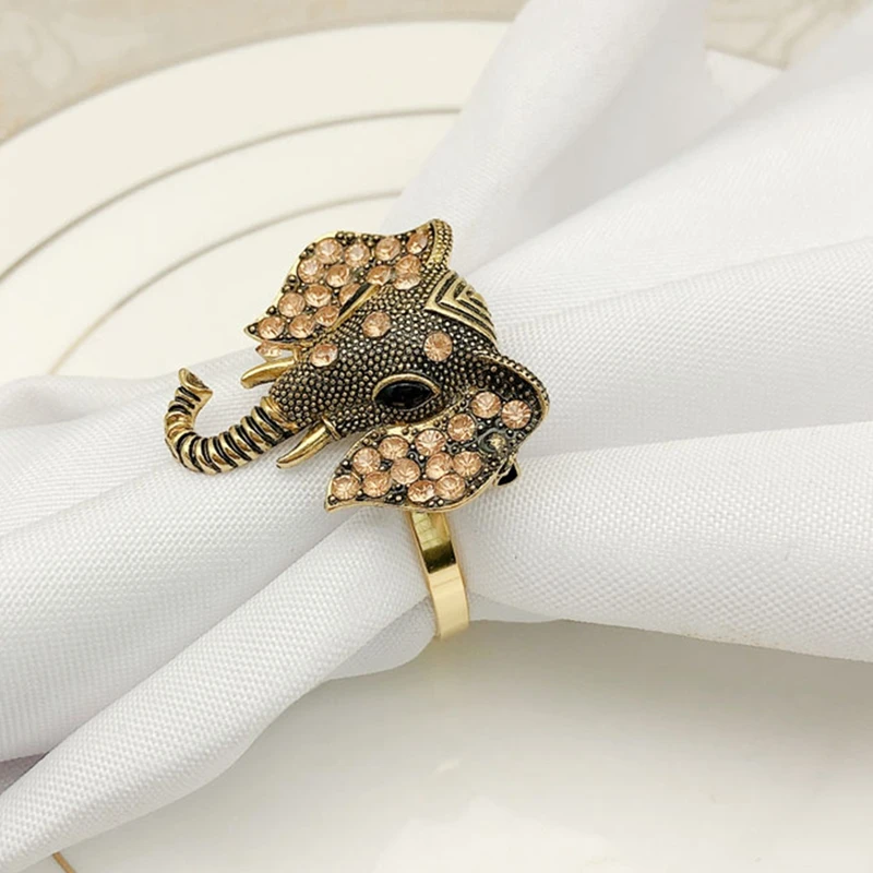 12Pcs/Set Vintage Elephant Napkin Buckle Diamond Animal Napkin Ring Napkin Ring Holder Wedding Party Table Decor