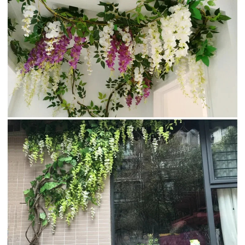 Hot 2M Wisteria Artificial Flower Vine Wreath Wedding Arch Decoration Fake Plant Leaf Rattan Trailing Fake Flower Ivy Wall Rosas