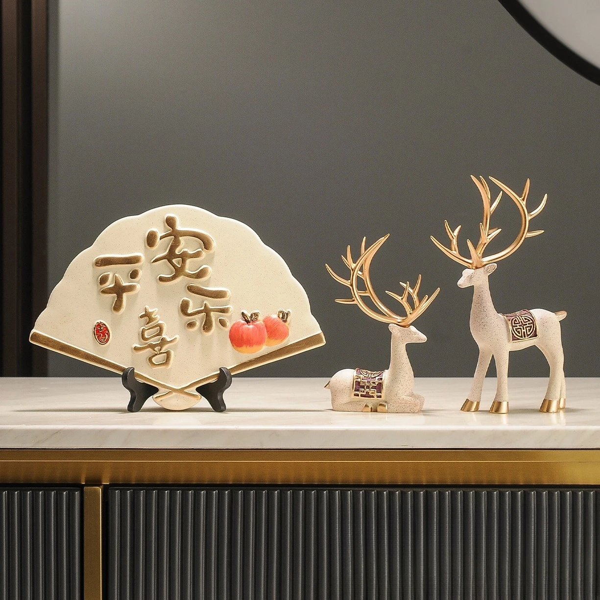 Chinese style, peace and joy, fan wine cabinet ornament, living room entrance TV cabinet, study office ceramic decoration