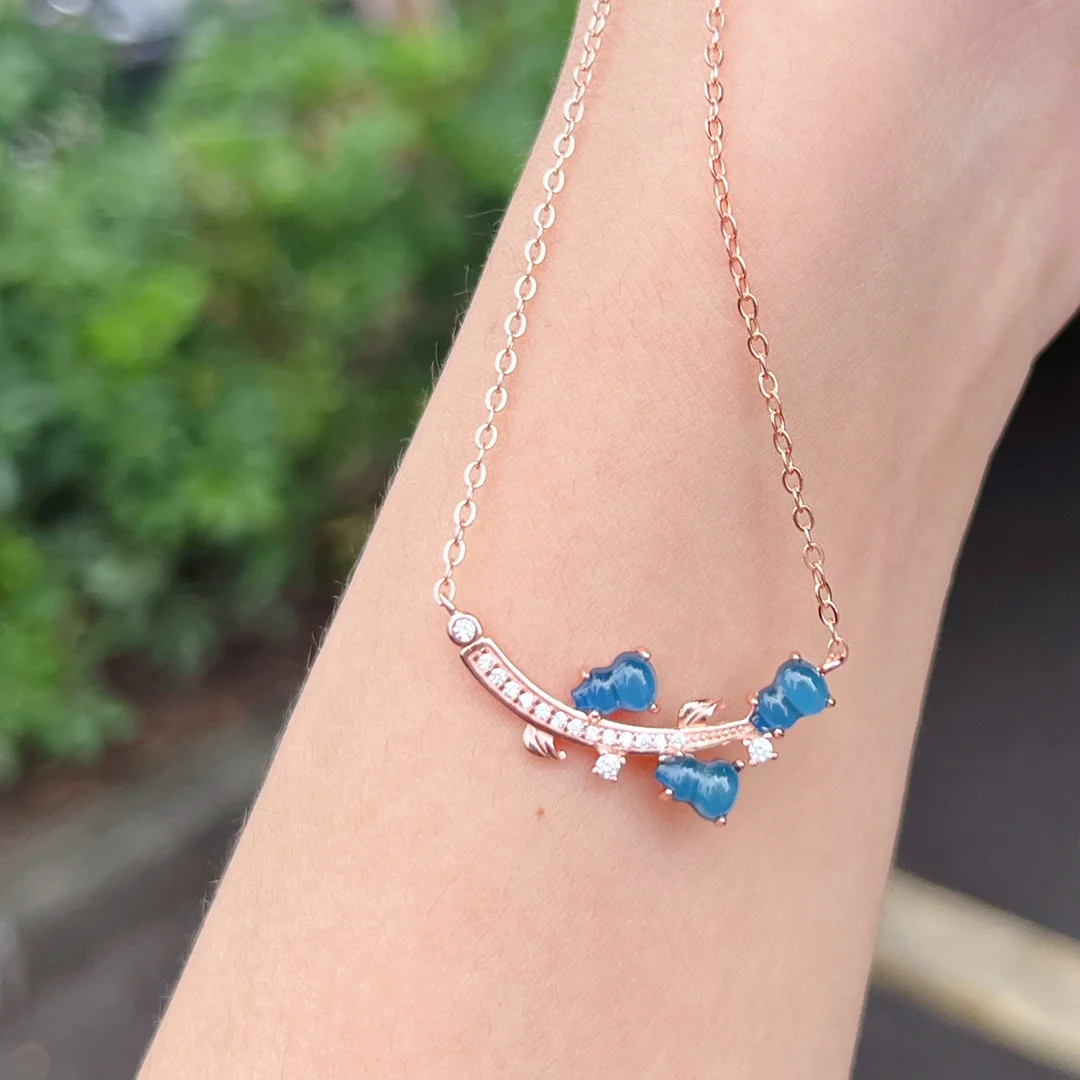 

Romantic Leaf Design Pendant Necklace Rose Gold Plated with Blue Amber and Zircon Gift for Her Valentine Love Jewelry