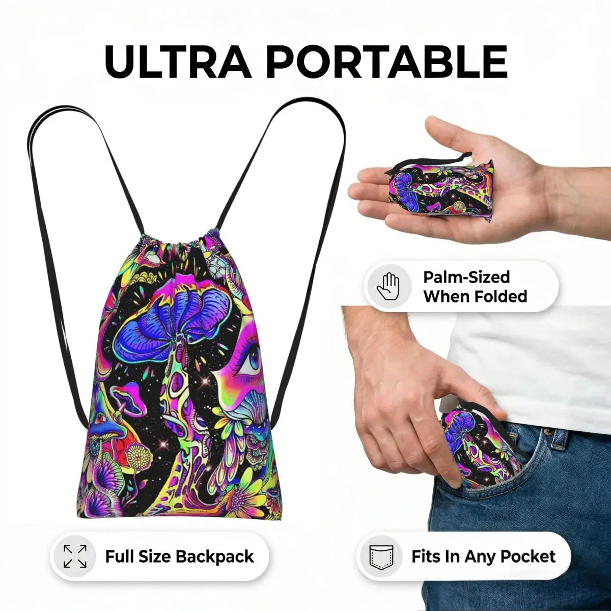 Psychedelic Magic Glowing Mushrooms Drawstring Backpack Sports Gym Bag Portable Travel Drawstring Bag for Men Women