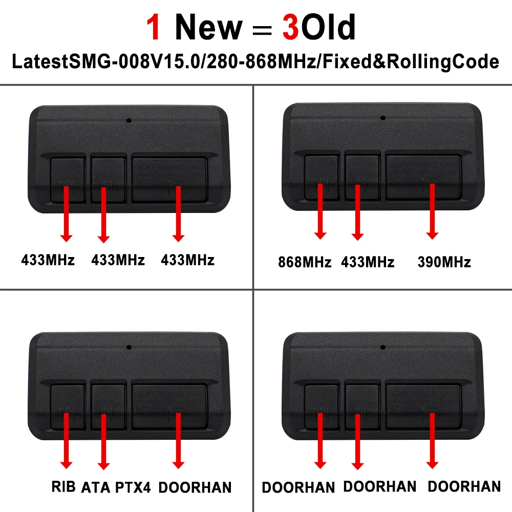 280MHz to 868MHz 3 in 1 Garage Door Gate Remote Control Duplicator Keychain Opener Clone 310 315 390 433 868 MHz Includes Clip