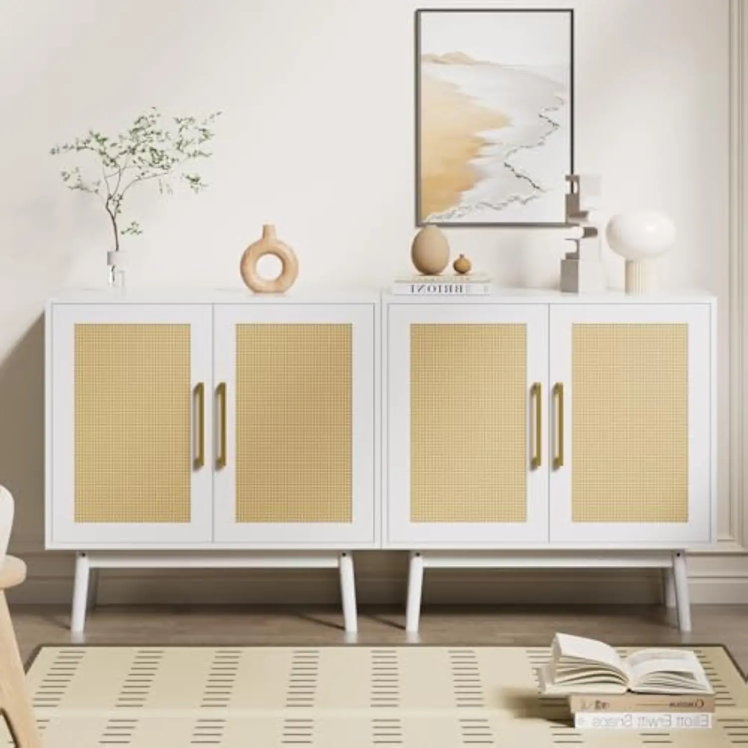 

Sideboard buffet cabinet with storage, set of 2, kitchen buffet storage, white rattan cabinet with doors for hallway, entry, li