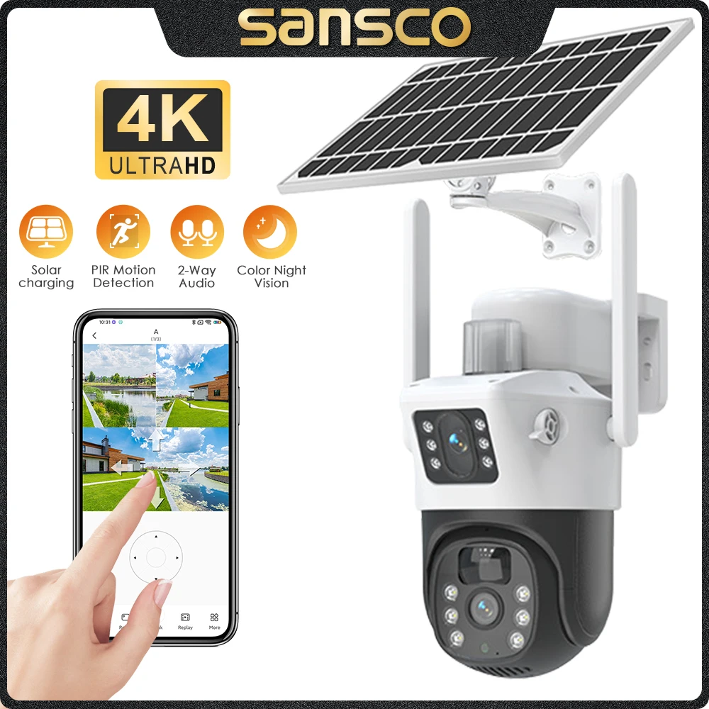 

SANSCO 4K 8MP Dual Lens WIFI Solar Camera PIR Motion Detection Dual Screens Battery Outdoor 4MP PTZ Security Camera Eseecloud