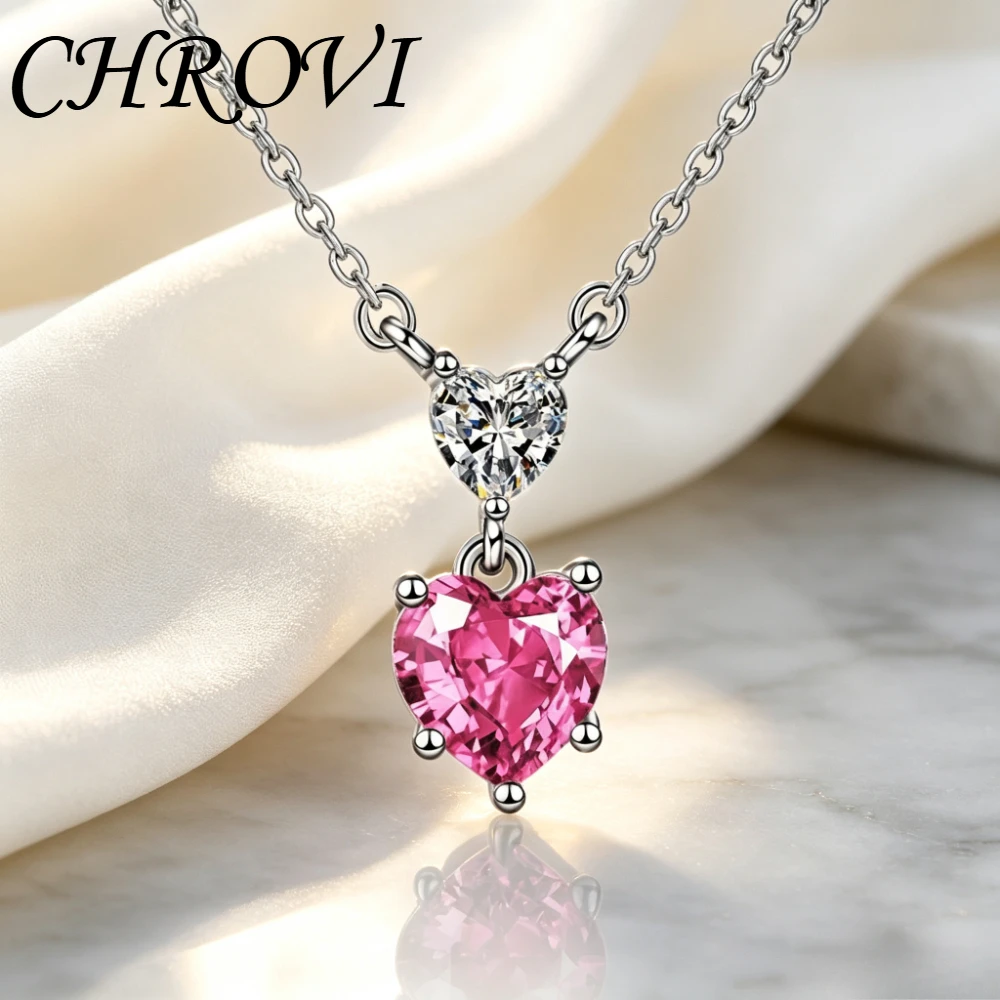 Exquisite 925 sterling silver pink heart-shaped pendant. Simple and elegant, it is a lockbone chain.
