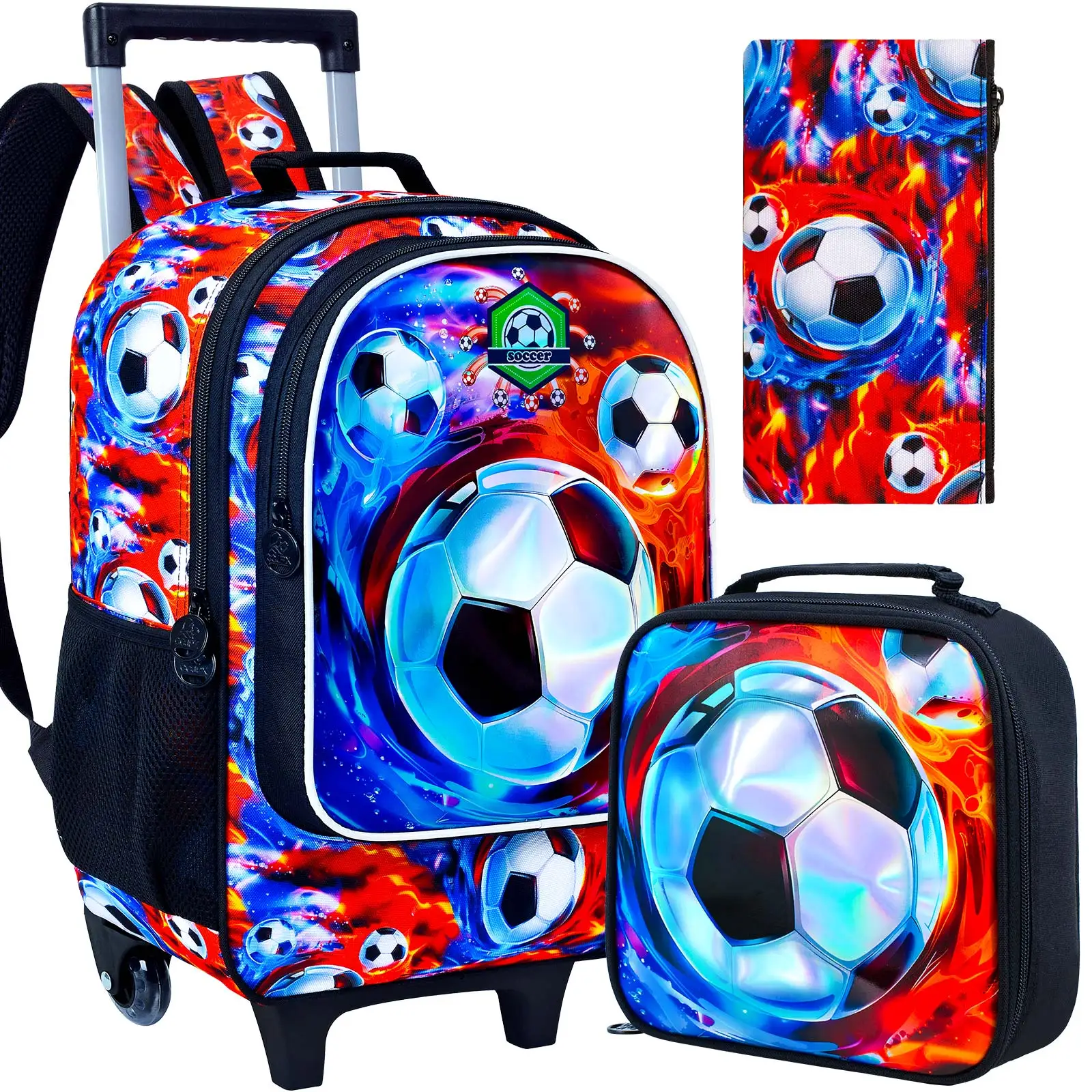 3PCS Rolling Backpack for Boys, Kids Roller Wheels Bookbag, Wheeled Elementary School Bag with Lunch Bag - football