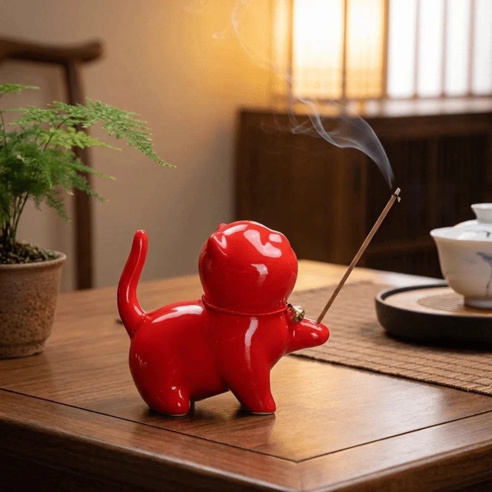 Ceramic Cat Incense Burner Holder Cute Handmade Craft Incense Stick Holder Animal Shaped Decorative Desktop Ornament Living Room
