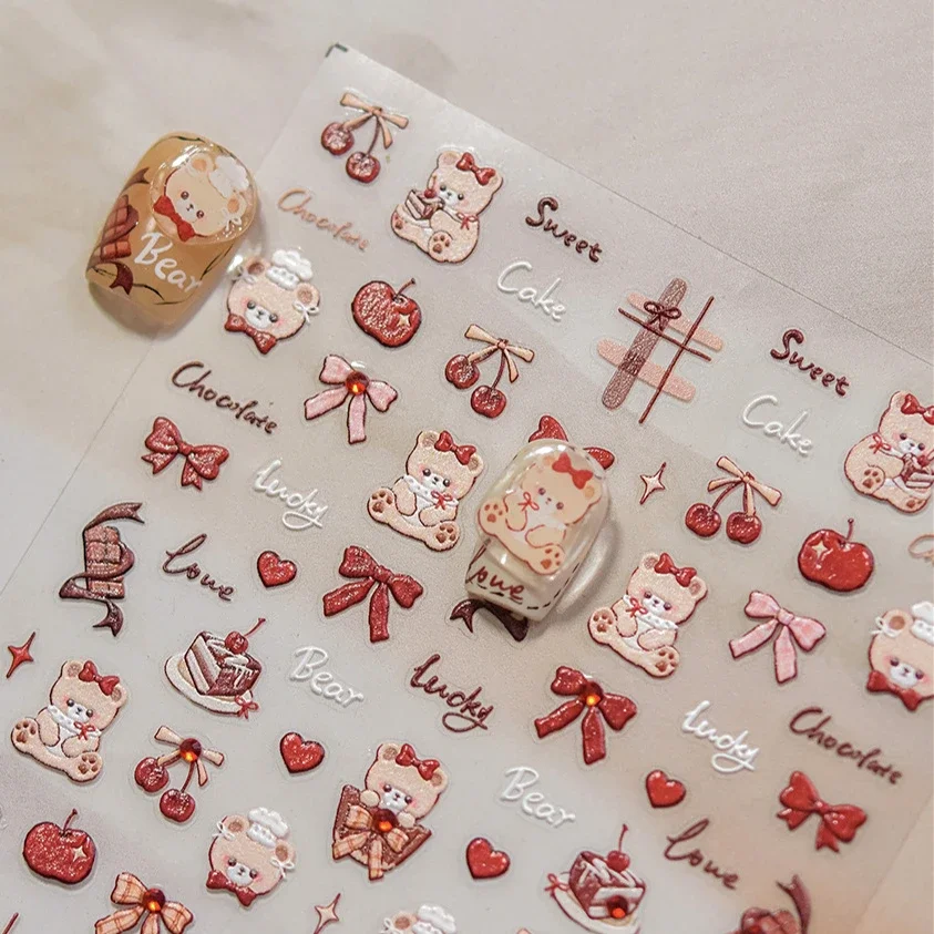 Bowknot Bear Cake Chocolates Food Star Cherry Apple Cook Love Heart Adhesive Nail Art Sticker Rhinestone Reliefs Manicure Decal