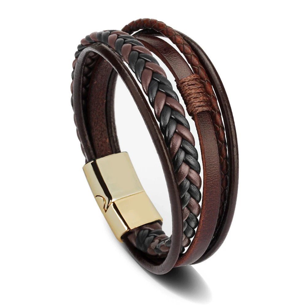 Trendy  Leather Bracelets Men Stainless Steel Multilayer Braided Rope Bracelets For Male Bracelets Jewelry Pulsera Hombre