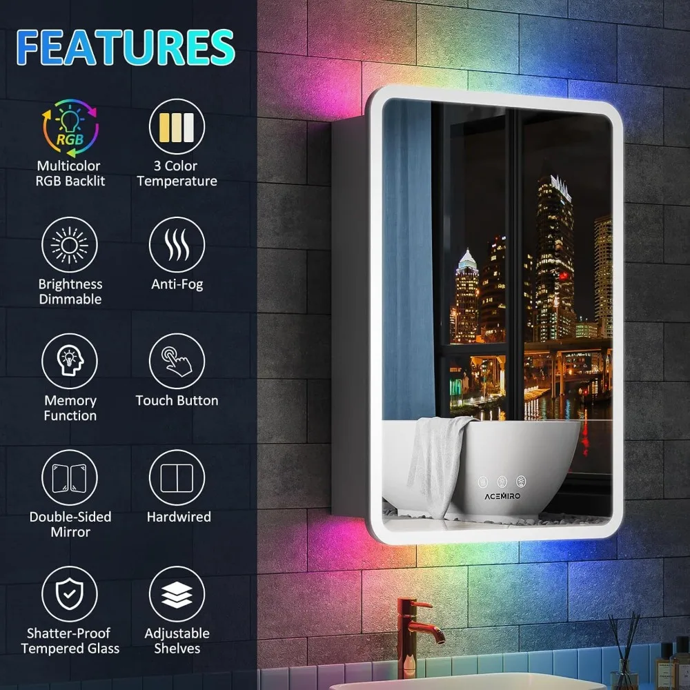 Medicine Cabinet with Lights,Lighted Medicine Cabinet  LED Bathroom Medicine Cabinet with RGB Backlit and Front Lighted