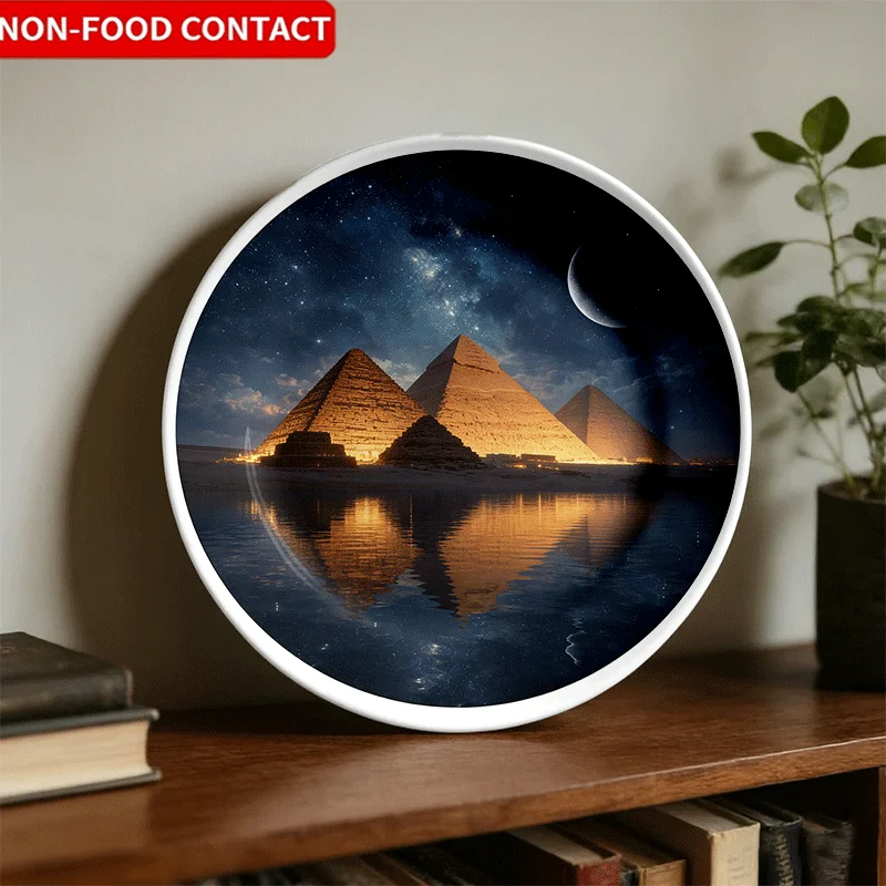 Elegant Night Sky Pyramid Pattern Ceramic Decorative Plate | Round, Classic Style, Suitable for Living Room TV Cabinet,