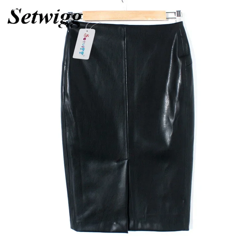 SETWIGG High Quality PU Leather Pencil Skirts Empire Waist Zipper Spring Black Faux Synthetic Leather Bodycon Office Skirt