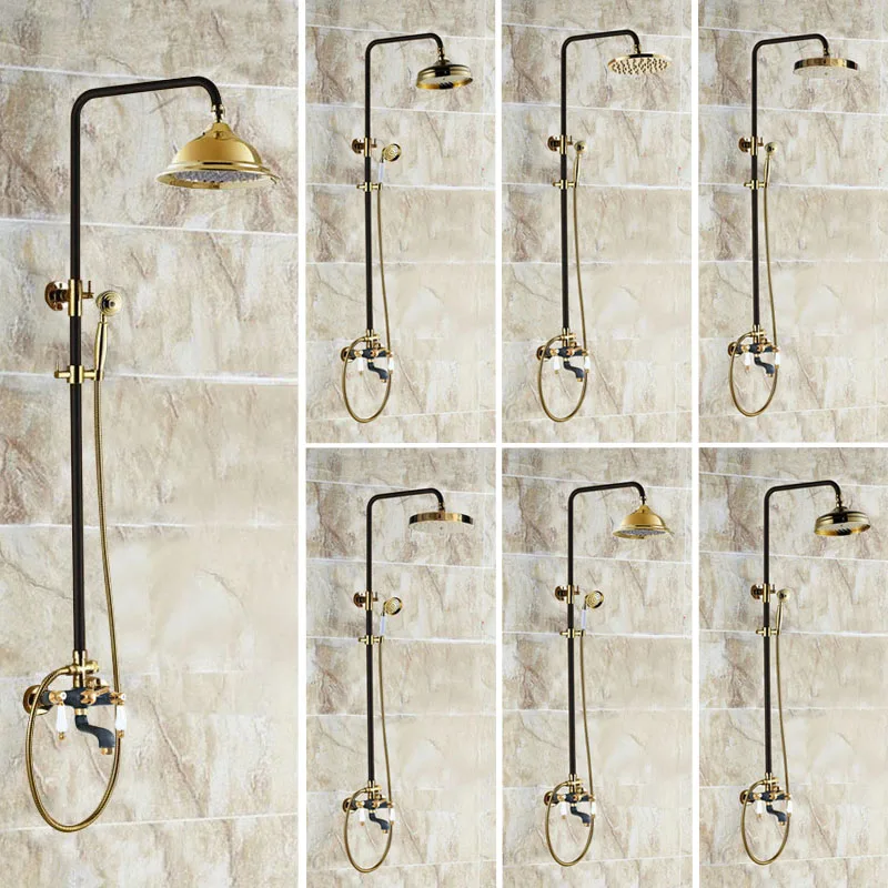 

Gold & Black Oil Rubbed Brass Dual Ceramic Levers Wall Mounted Bathroom Rainfall Rain Shower Faucet Set Bathtub Mixer Tap mzh404