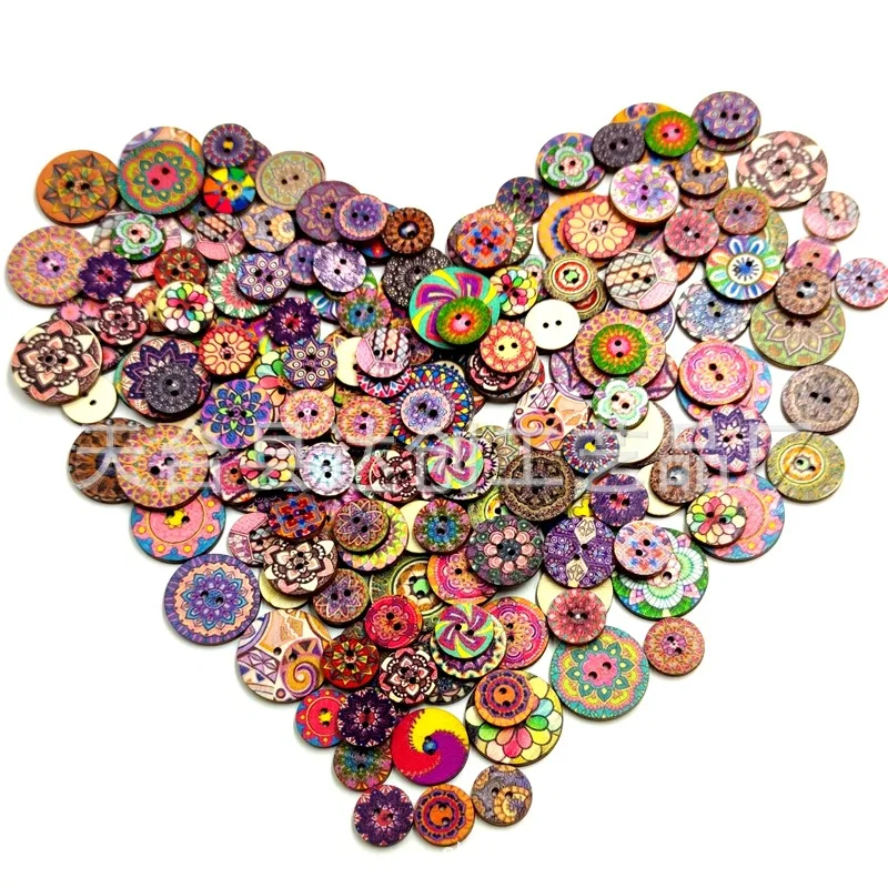 

New 15mm/20mm/25mm retro printed disc wood buttons, 100 antique pattern wood button accessories