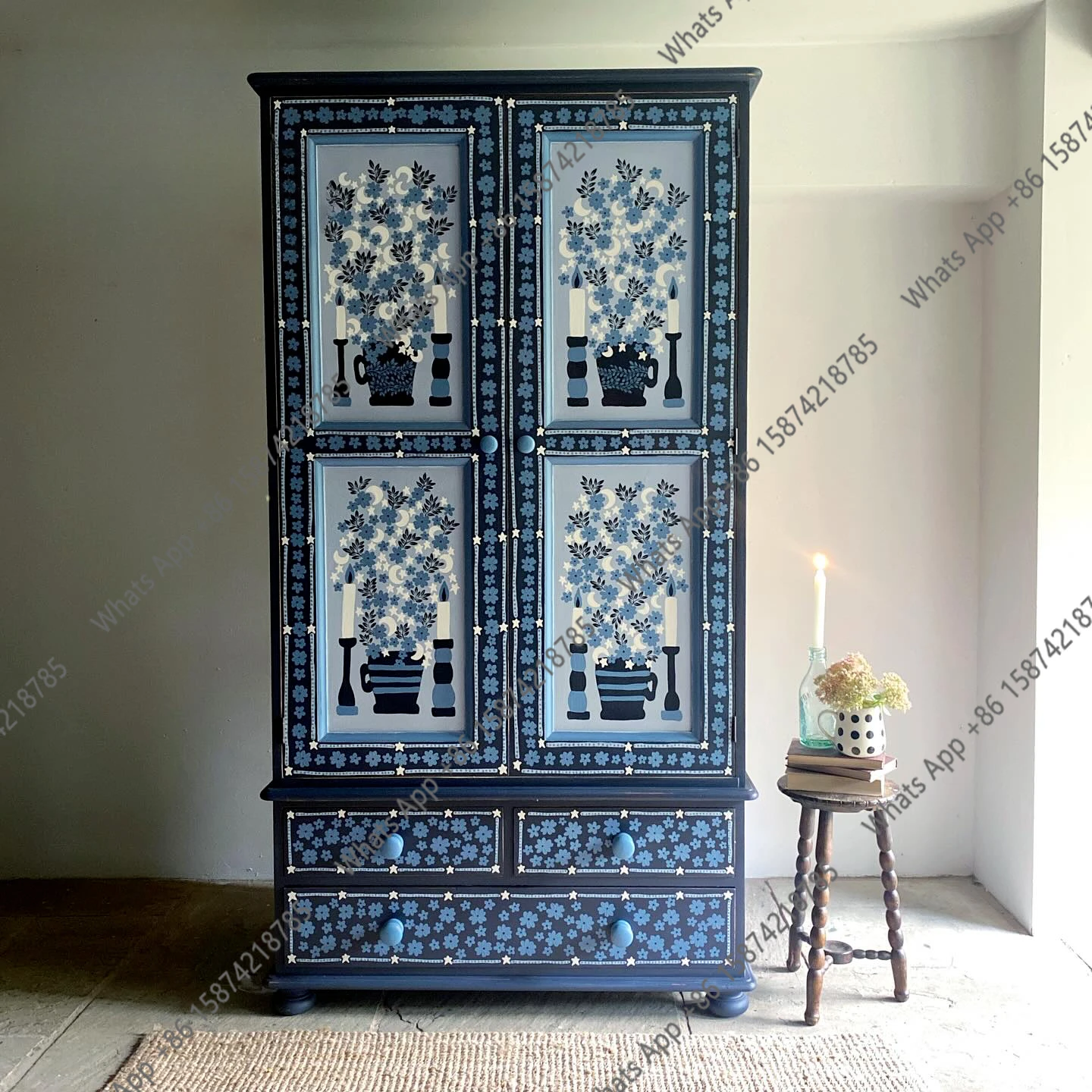 French retro hand-painted blue and white porcelain pattern bedroom independent wardrobe storage locker can be customized