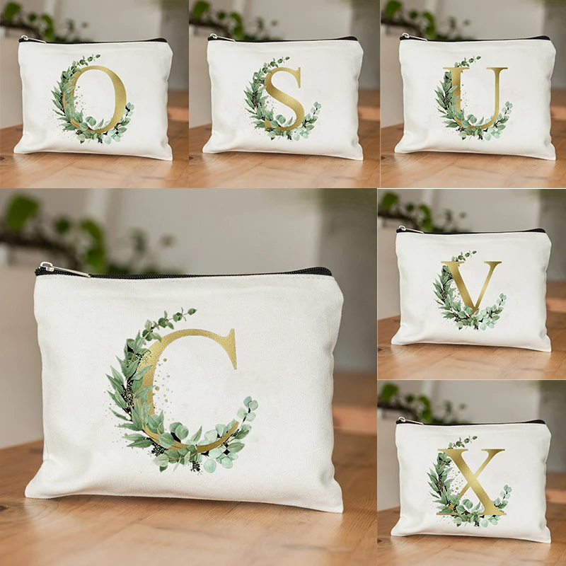 

Gold Font Floral Letters Alphabet 26 Initials Pattern Canvas Makeup Bag Gift Classmates Teachers Cosmetic Travel Toiletry Bag