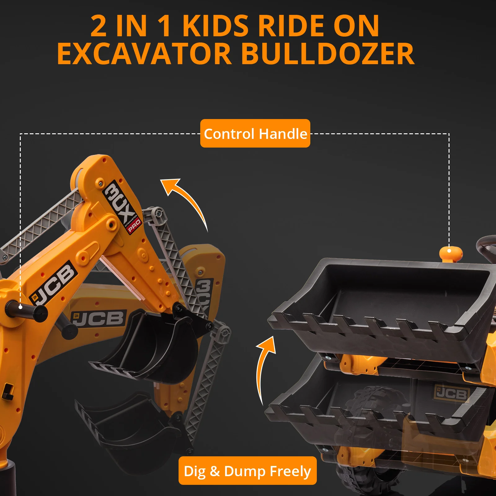 4 em 1 escavadeira JCB, brinquedo de passeio de escavadeira infantil de 12V com controle remoto e carregador frontal e escavadeira, quatro formatos transformáveis