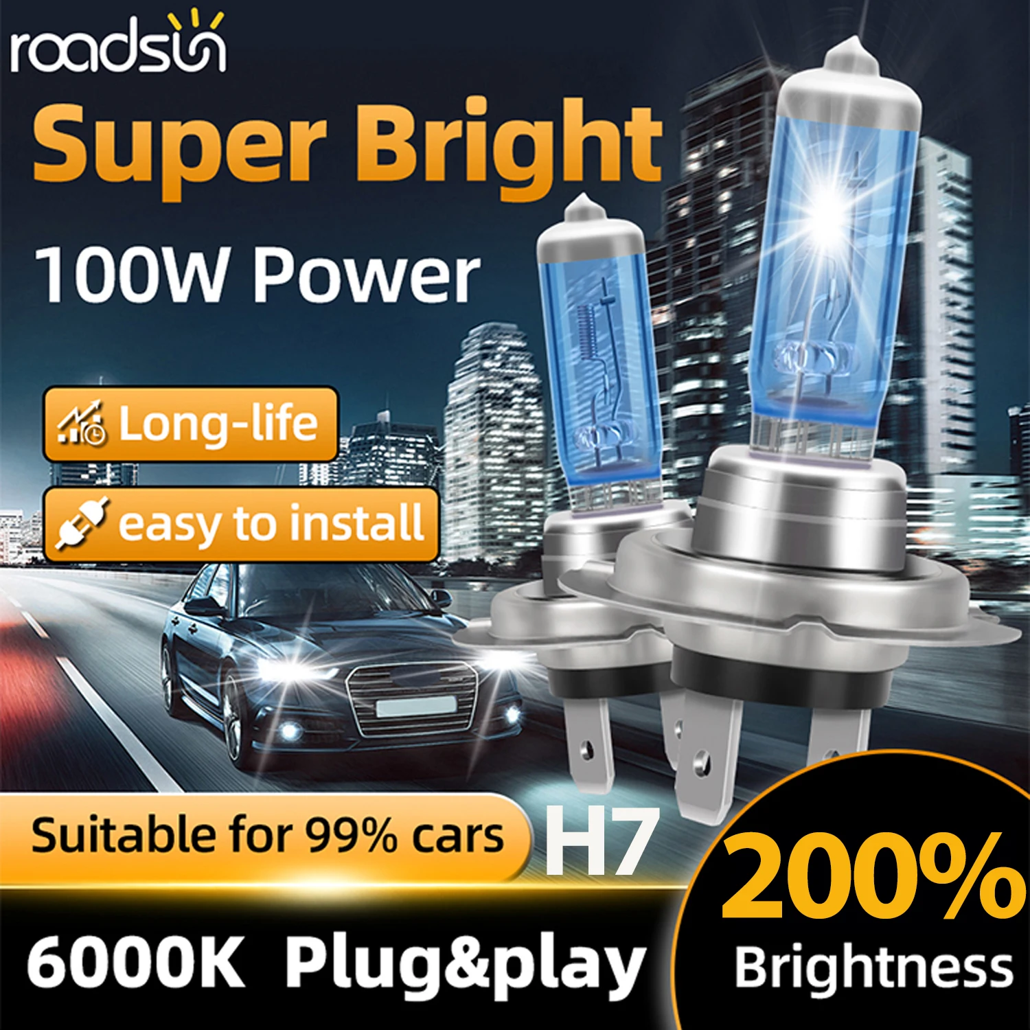 H4 H7  Car Halogen Headlight Car Light Hi/Lo Beam 6000K DC12V 100W Cool Blue Hyper White Bulb 2 Piece Auto Light Lamp