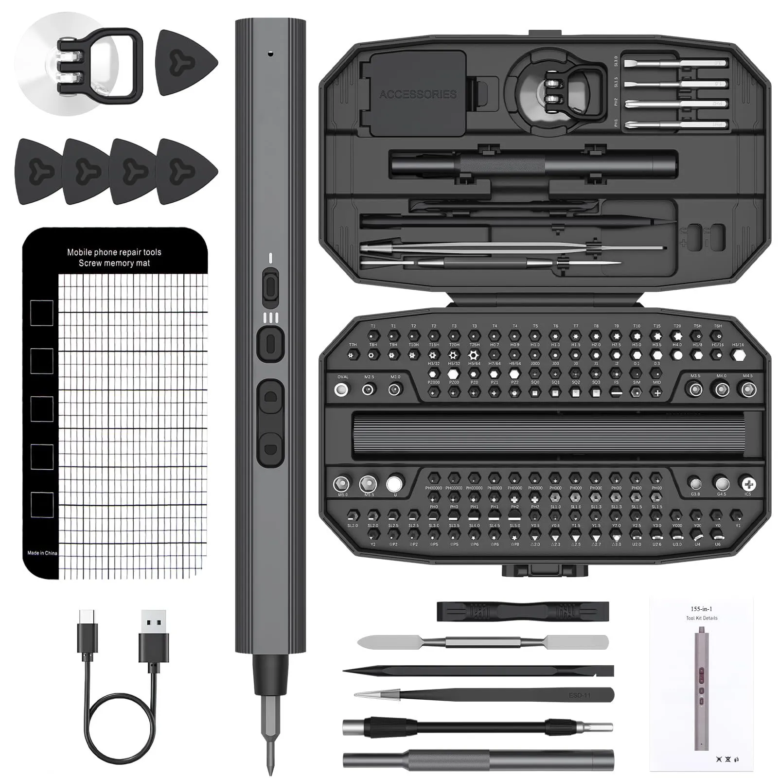 155 in 1 Electric Screwdriver Set Max 5 N.m 140 S2 Magnetic Bits 3 Torque Settings 650mAh Power Precision Tool Kit Electronics