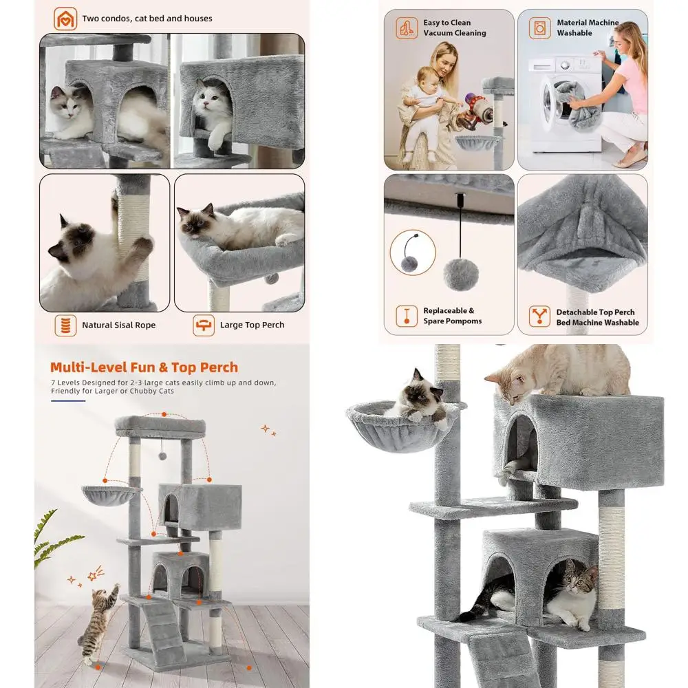 

56,3 большое кошачье дерево с верхним окунем, плюшевый гамак, игрушка с помпоном, когтеточки, 2 домика - светло-серый