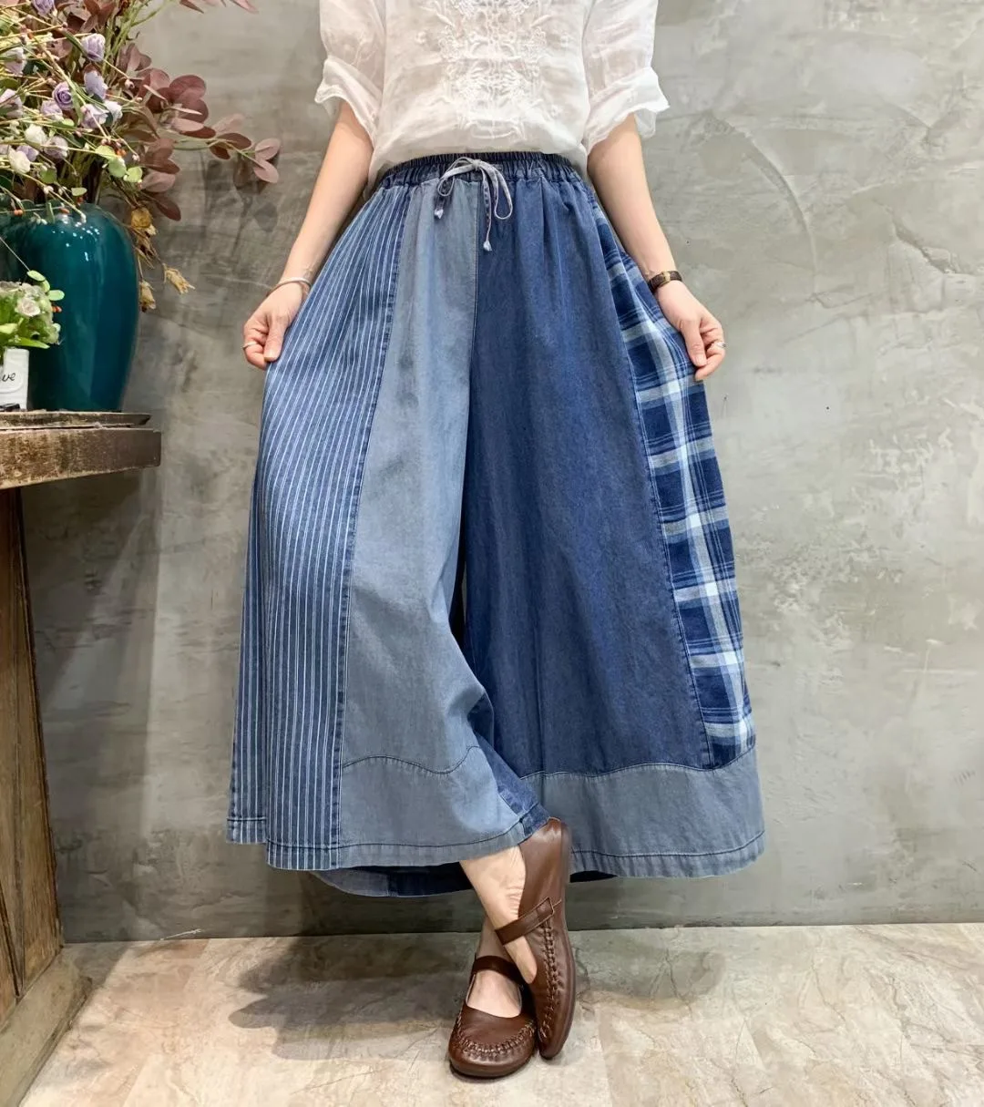 Frühling Sommer Mode Denim Breite Hosen Frauen Lose Klassische Plaid Vintage Jeans Frauen Gestreiften Freizeit Übergroßen Hosen