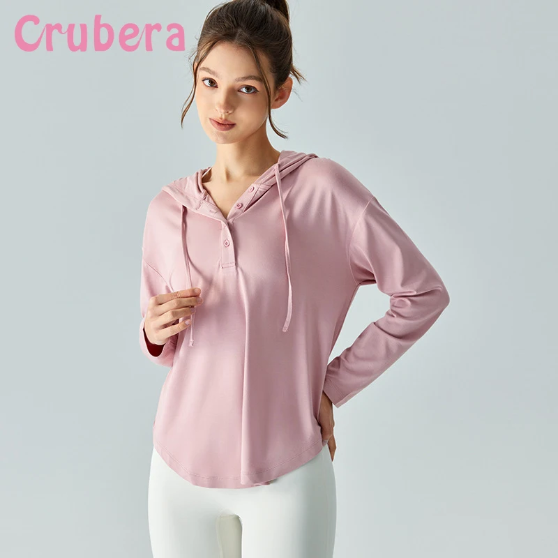 

Crubera New Hooded Sports Top For Women's Loose Fitting Casual Fitness Collar Button Quick Drying Yoga Long Sleeves