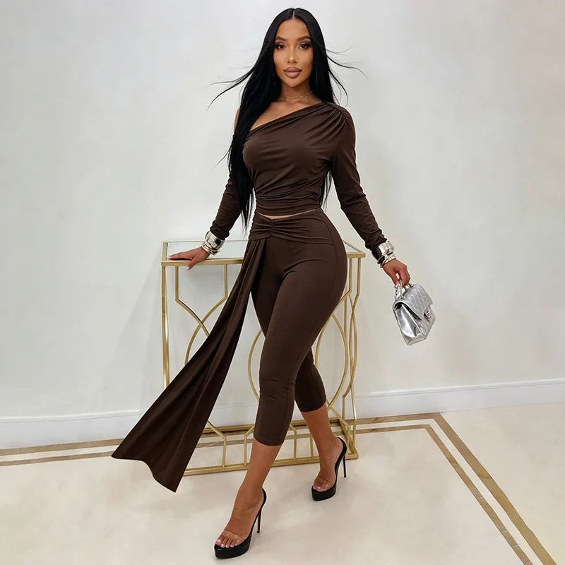 Women Fashion Solid 2 Piece Set Sexy Inclined Shoulder Swinging Collar Backless Full Sleeve Crop Tops + Ribbon Calf Length Pants