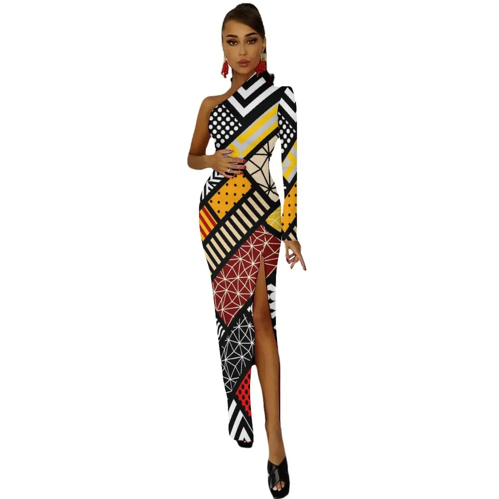 Vintage Tribal Maxi Dress One Shoulder Abstract Square Streetwear Bodycon Dresses Summer Retro Dress Ladies Graphic Vestido