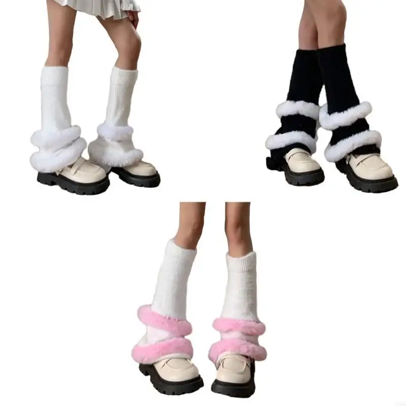 

195E Women Fashion Leg Warmers Fuzzy Knit Long Leg Socks Warm Student Girls Boot Sock