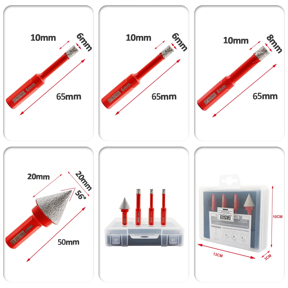 DT-DIATOOL-4pcs Set Dia 6/8/10mm Diamond Drilling Bits Kit Box with Triangle Shank Tile Cutter Core Bits Hole Saw Drill Chamfer