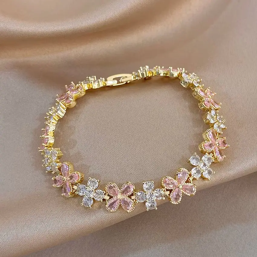 Freetry Elegant Sparkling Zircon Flower Charm Bracelet for Women Sweet Trendy Metal Copper Cuff Bangle Female Hand Jewelry Gift