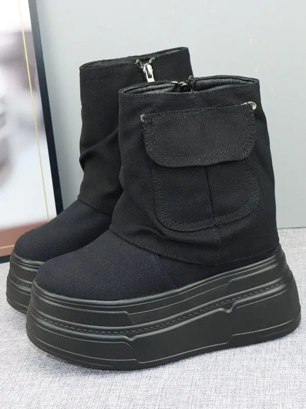 12CM Women's Tube Boots, Thick Platform, Trendy High-top Design, Stylish Pockets, Canvas Material, Perfect for Petite Girls