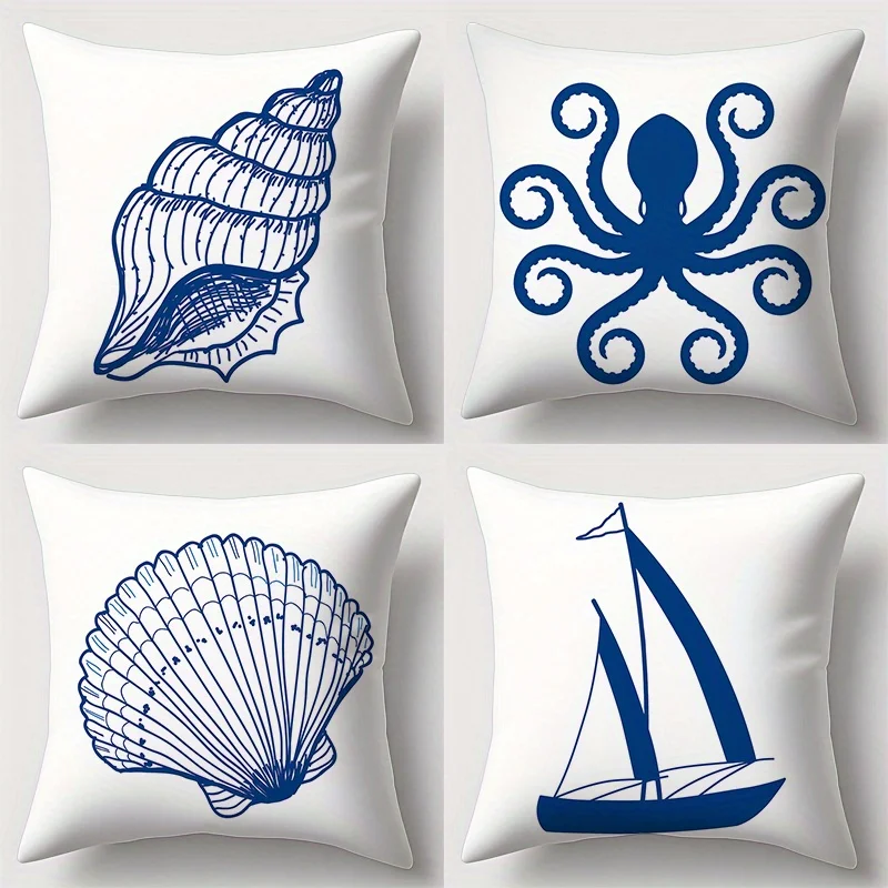 Home Decor Oceanic Patterns: Shell, Octopus, Sailboat Pattern Cushion Cover Suitable for Sofa Bedroom Car Pillow Cover