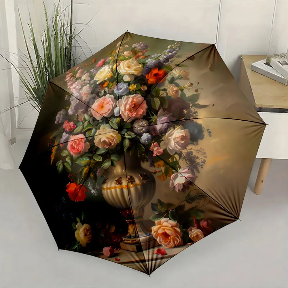 1PC Beautiful Floral Art Design on Umbrella Print 8 Iron Ribs Folding Umbrella Auto-Open Fashion Sunshade