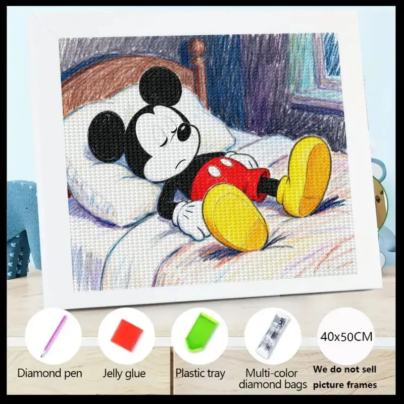 

1PC Mickey Mouse Sleeping In Bed Diamond Painting Kit, 5D DIY Full Drill Cute Disney Cartoon Character Art Set, Rhinestone Gem P