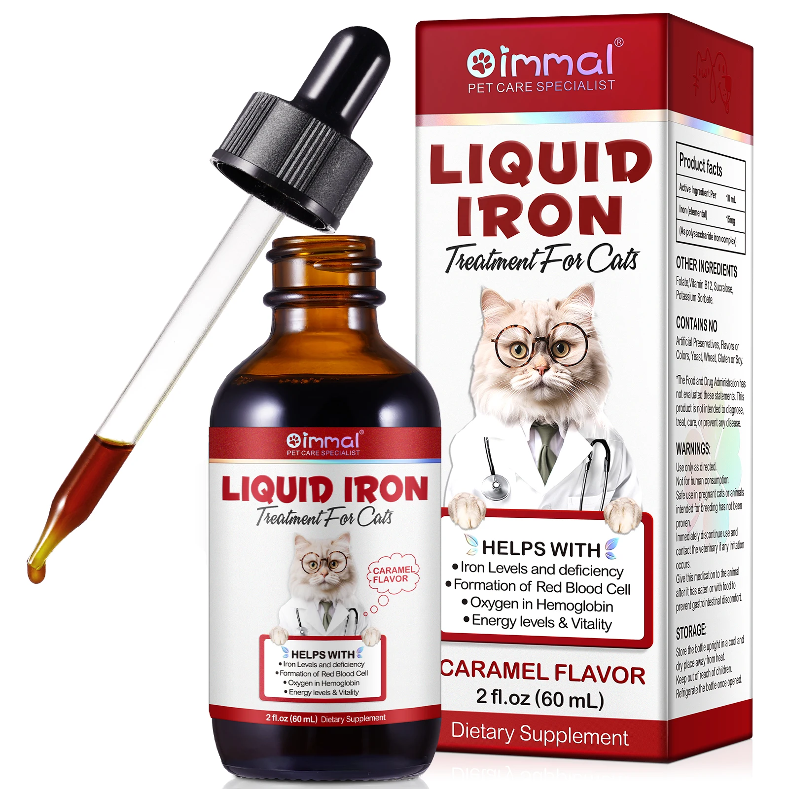 Liquid Iron Caramel Flavor Treatment for Cats Helps with Iron Levels Deficiency Formation of Red Blood Cell Oxygen in Hemoglobin