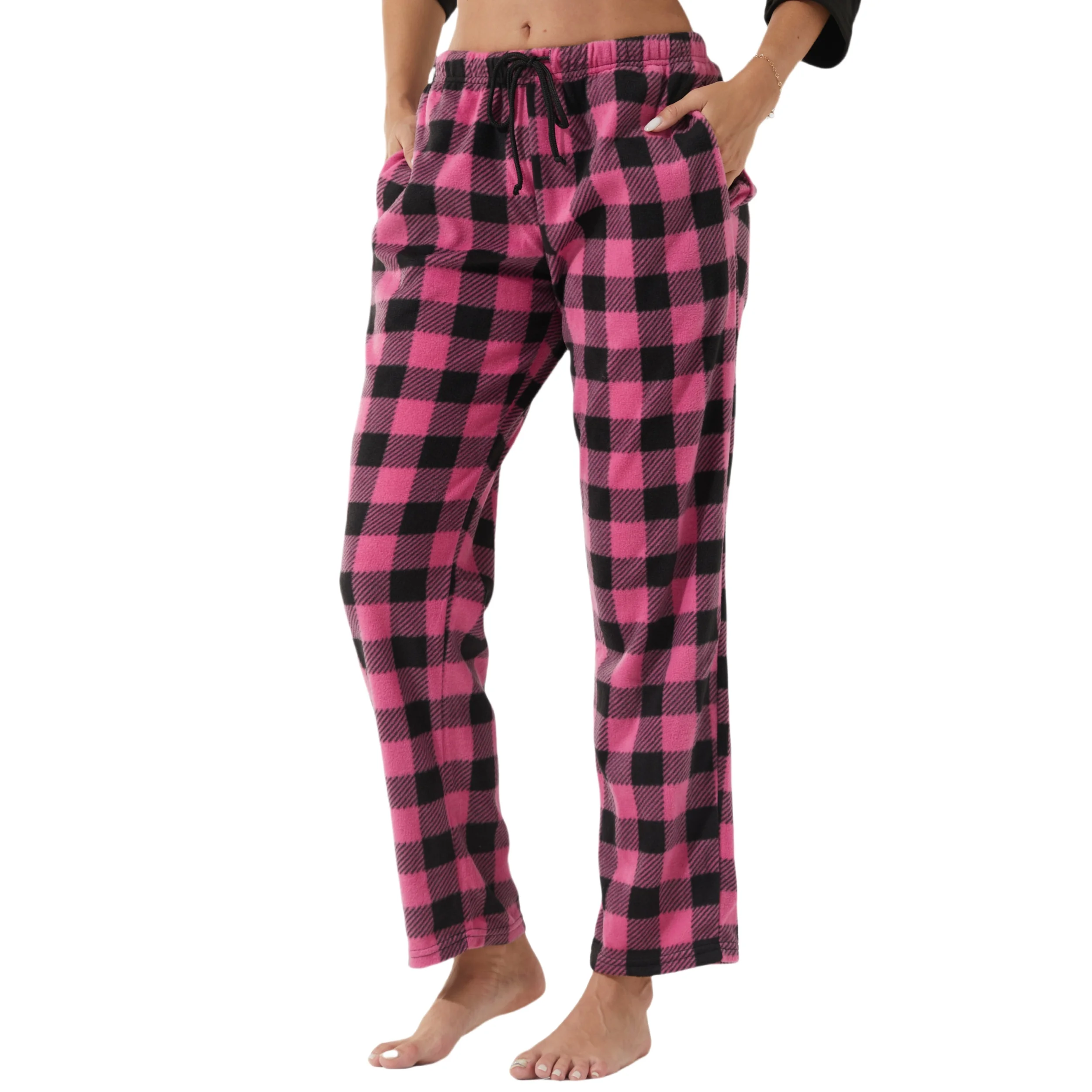 Womens Comy Fleece Plaid Pajama Pants with Pockets & Drawstring Lounge Sleepwear