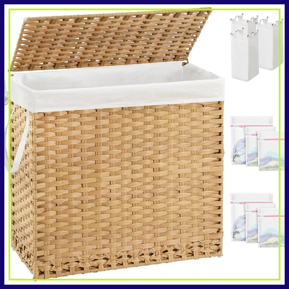 

Large 132L Wicker Laundry Hamper with Lid, Handwoven Rattan Basket with Handles, 4 Removable Liners & 6 Mesh Bags for Bedroom