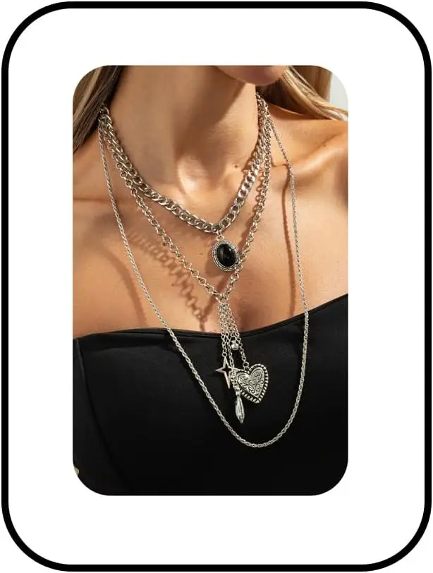 Gold Heart Star Pendant Necklace with Red Gemstone, Layered Chunky Clavicle Chain for Women