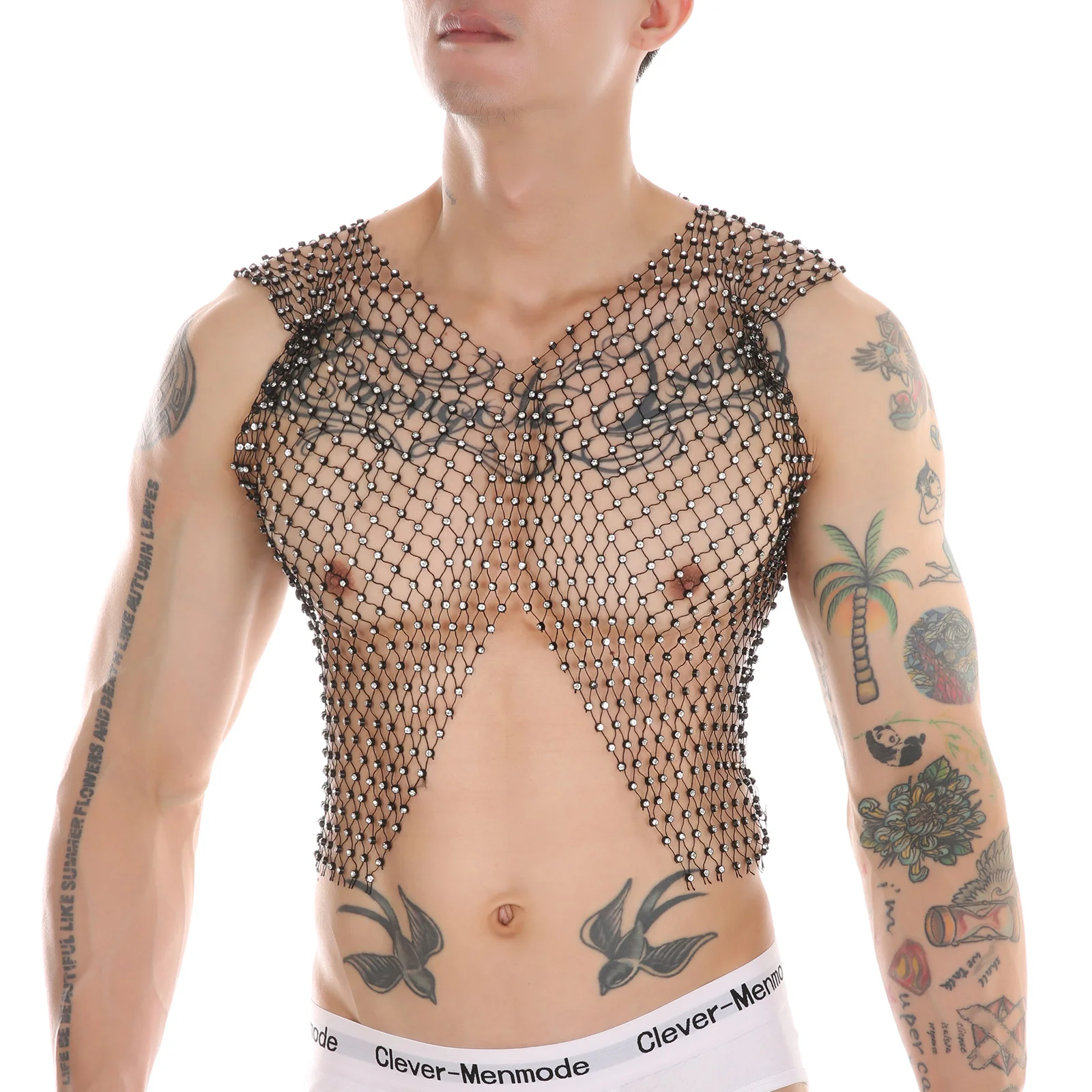 CLEVER-MENMODE Men's Sexy Fishnet Vest Mesh Tank Top Clothes Rhinestone Shine Crops Tops Midriff-Baring Transparent Clubwear