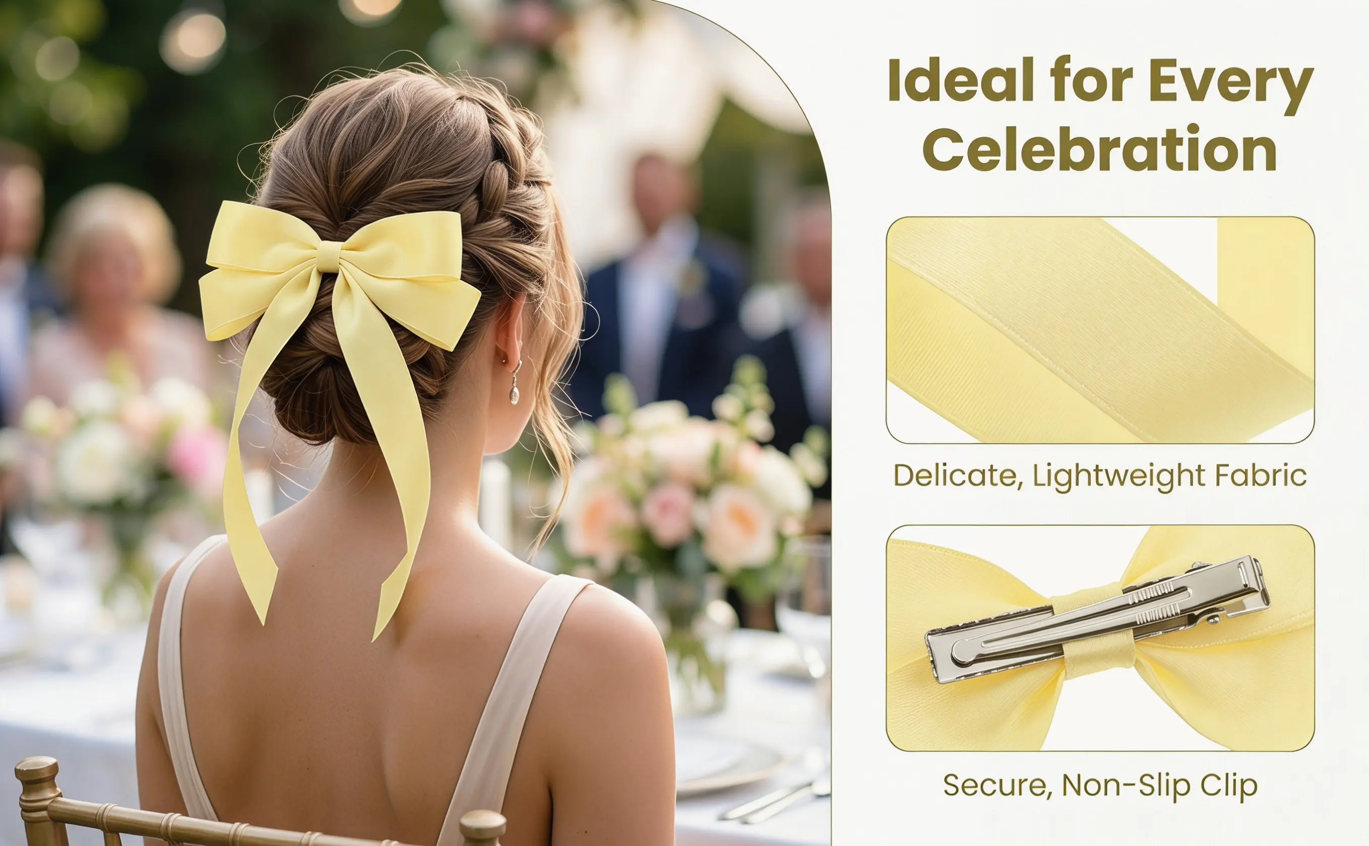 2Pcs Elegant Large Bow Hair Clip Made of Fade-Resistant Lace Lightweight Comfortable Metal Clip for Women Teen Party Prom