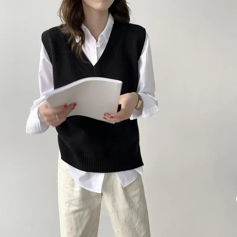 Autumn Winter Women's Knitted Vest Solid Color Casual Basic V-Neck Sleeveless Sweater Woman All-Match Grey Knitwear Waistcoat