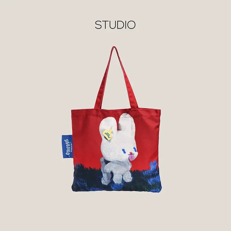 

Y2K Trend Large Capacity Canvas Red Cute White Rabbit Eco Shopping Special Purpose Bag Designer Hasp Inner Pocket Novelty Tote