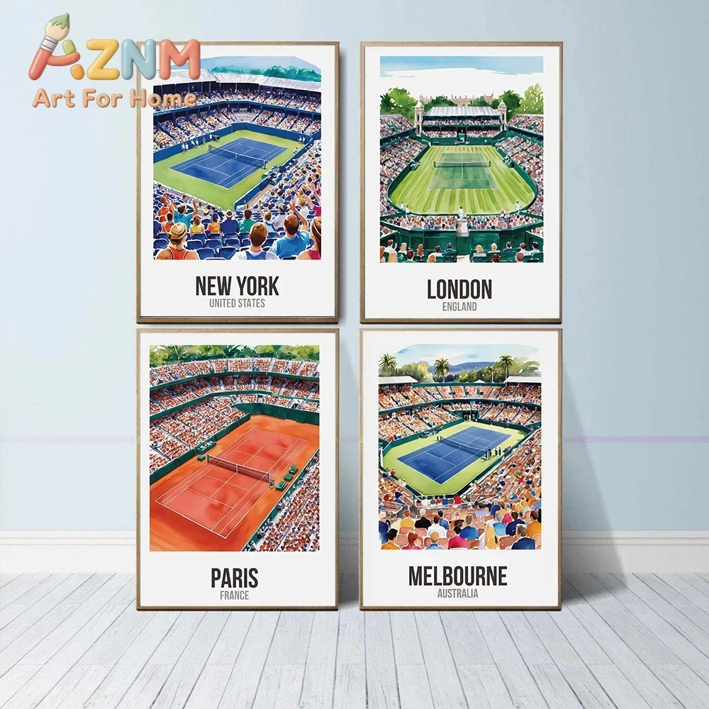 AZNM Grand Slam Tennis Court Canvas Wall Art London Paris Melbourne Stadium Watercolor Print Sports Home Decor Unframed Canvas P